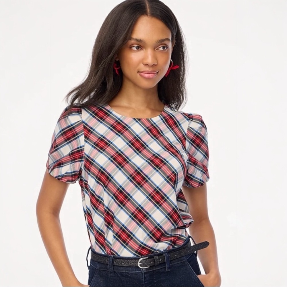J. Crew Tartan Plaid Puff-Sleeve Women's Top Size Large